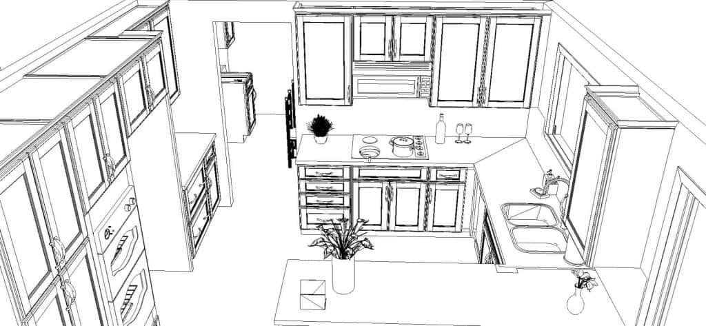 The 3D black and white drawings allow us to clearly work out all the details like door swing, sizing, and accessory placement.
