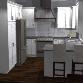 With the help of our 3-D rendering, the homeowner was able to visualize some of the design ideas they had questions about. Once they were able to see it on paper, they instantly agreed on painted white cabinets, a dark slate hickory hood, dark quartz countertops, and brick tile to tie in with the fireplace!
