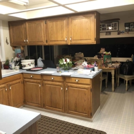 BEFORE Your upper cabinets above the peninsula contribute to the overall feeling of being “boxed in” the kitchen. They also blocked your view to the eating area and make the option of bar stools a little awkward.