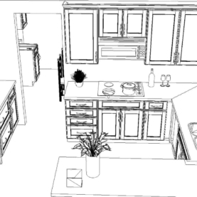 RENDERING The 3D black and white drawings allow us to clearly work out all the details like door swing, sizing, and accessory placement.