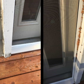 BEFORE During our initial inspection, there were some obvious signs that there would be some water issues. Notice the failing caulking where the trim meets the siding, the broken pieces of siding, and the mushrooms growing around the door.